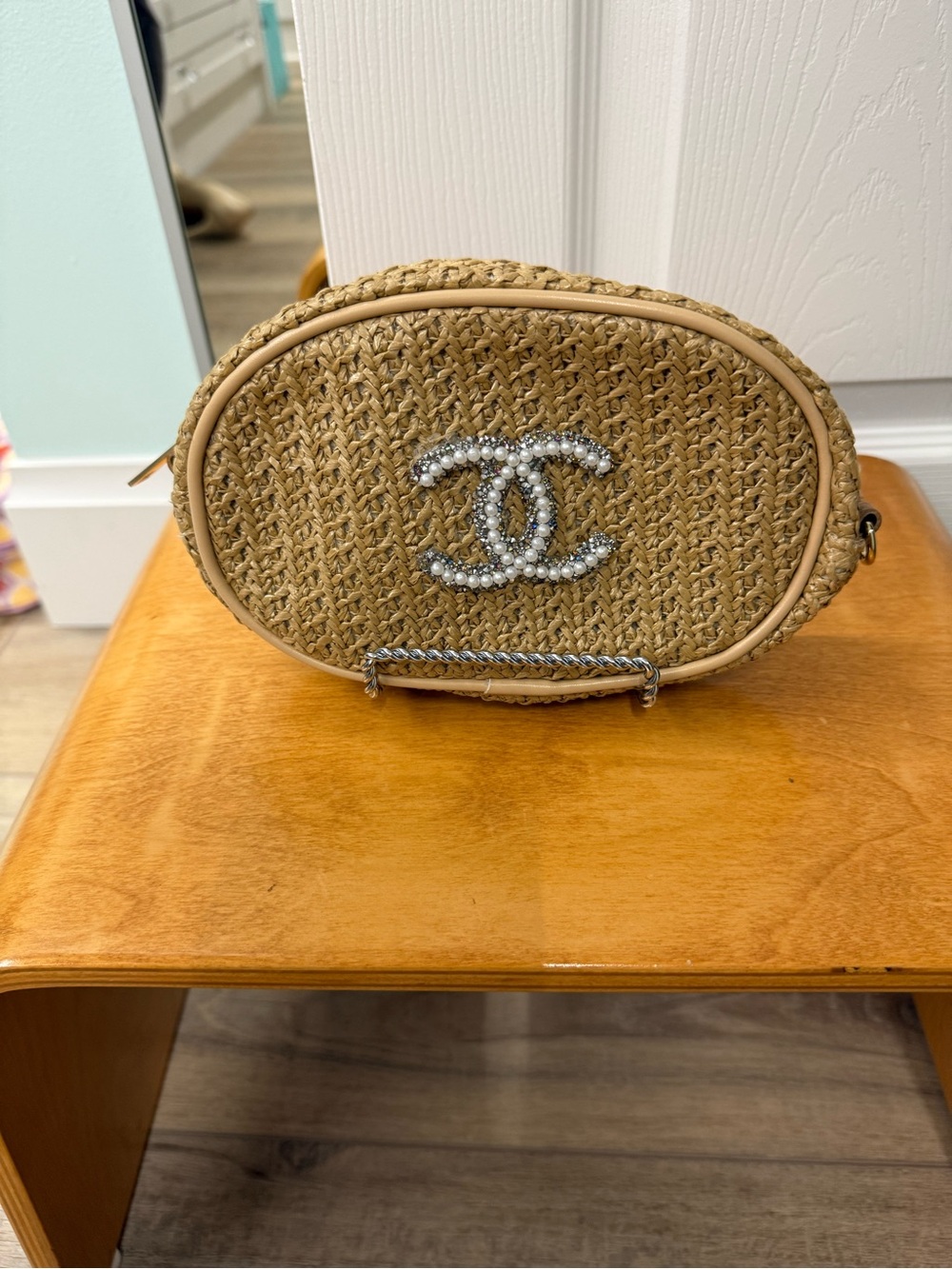 Designer Inspired Natural Beige Beaded Straw Oval Bag